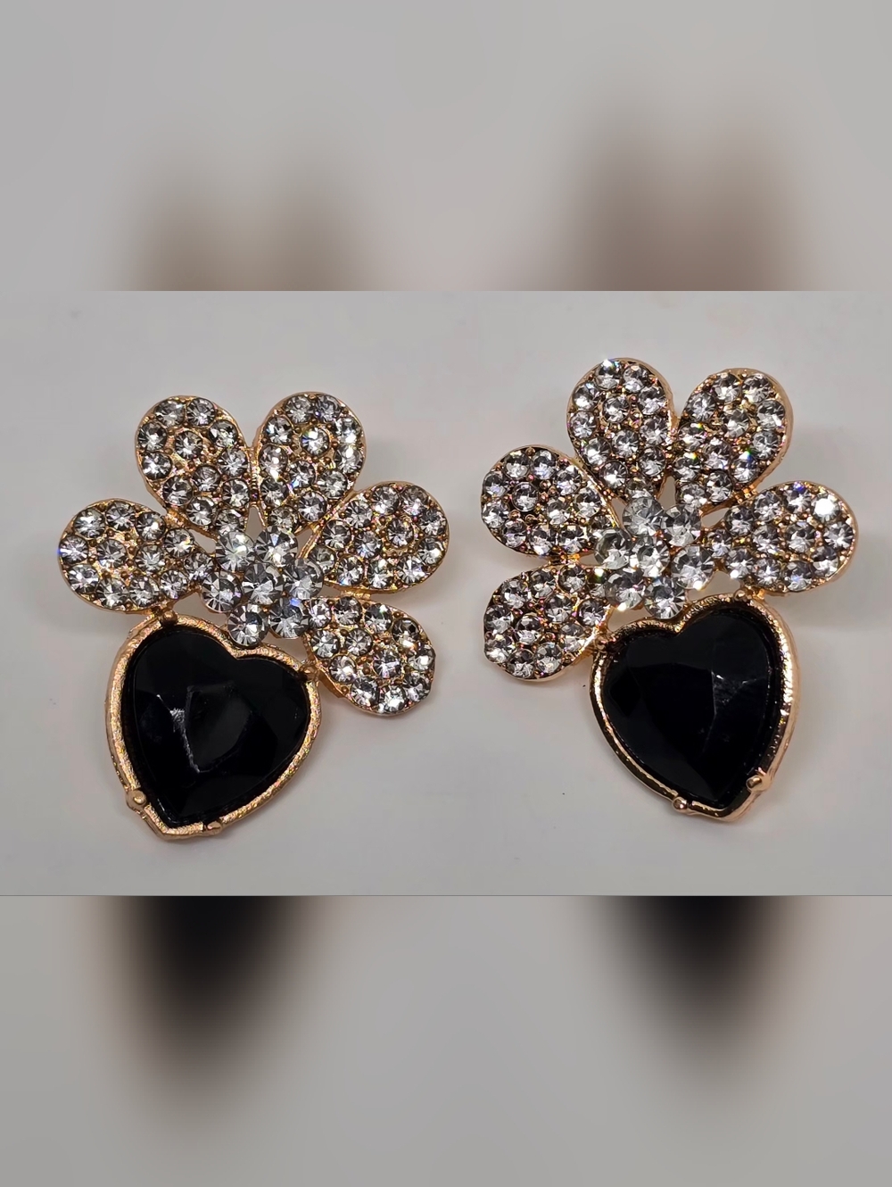 Crystal Floral Heart Post Earrings - Black & Gold